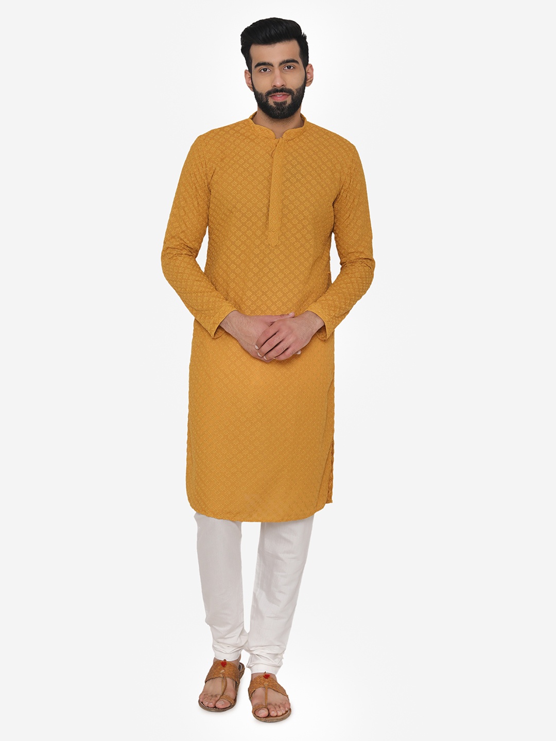 

Manyavar Men Yellow & White Self Design Kurta with Churidar