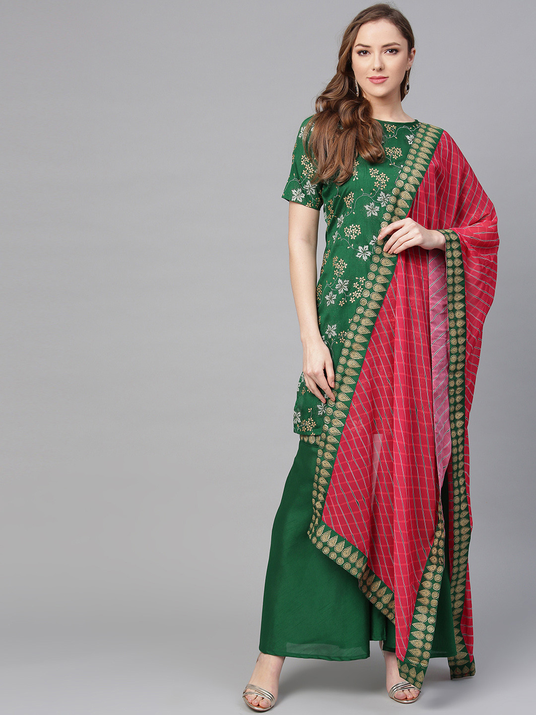 

Ahalyaa Women Green & Golden Printed Kurti with Sharara & Dupatta
