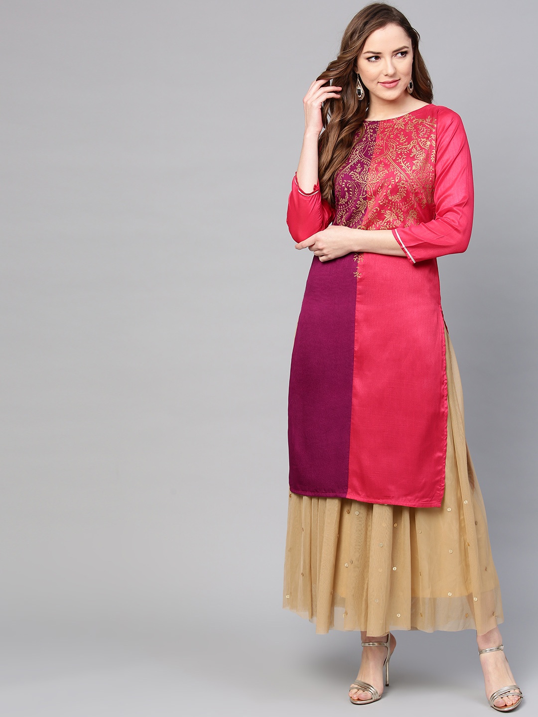 

Ahalyaa Women Purple & Pink Colourblocked Straight Kurta