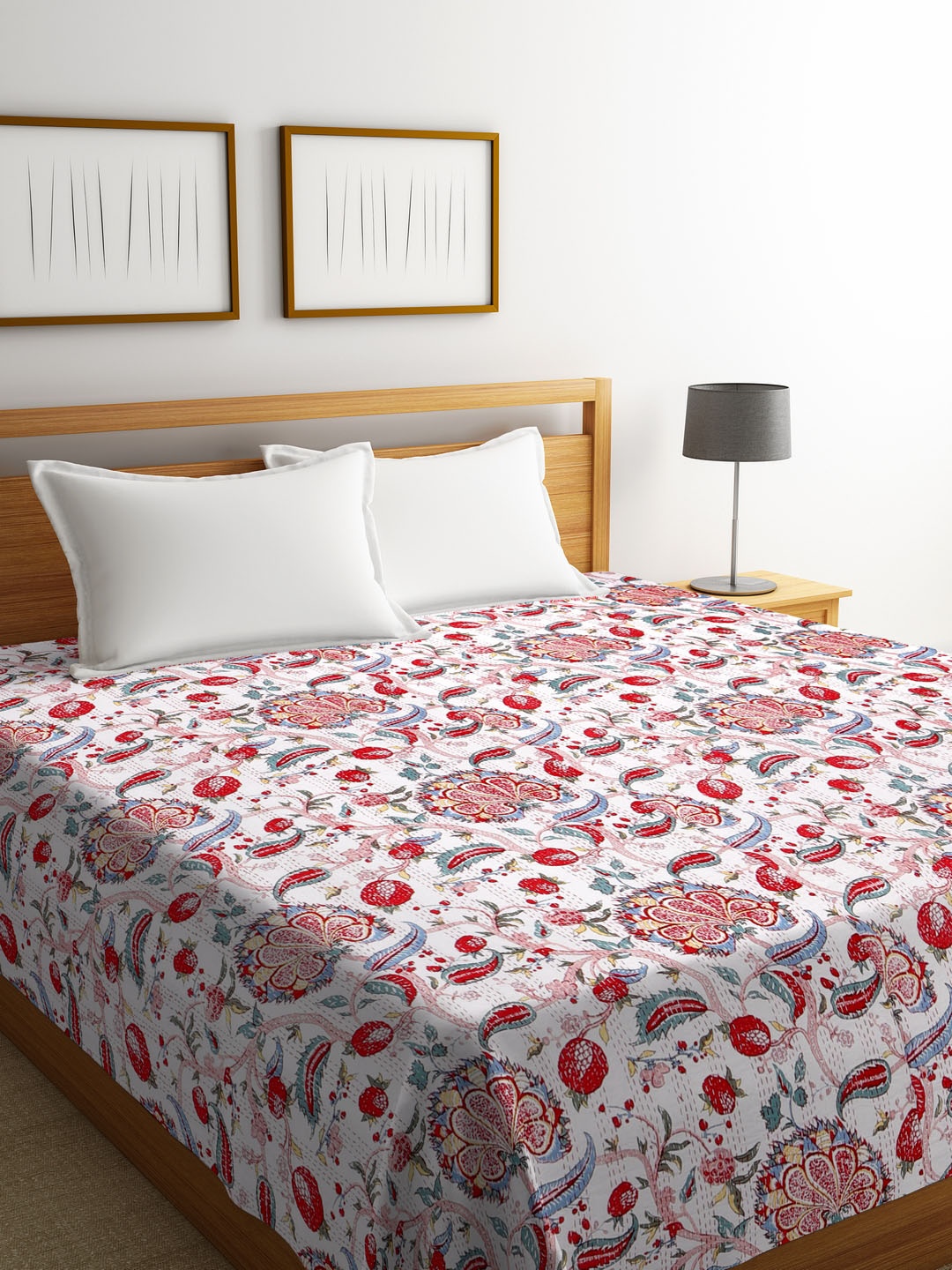 

Rajasthan Decor White & Red Floral Screen Print Kantha Work Cotton Double Bed Cover