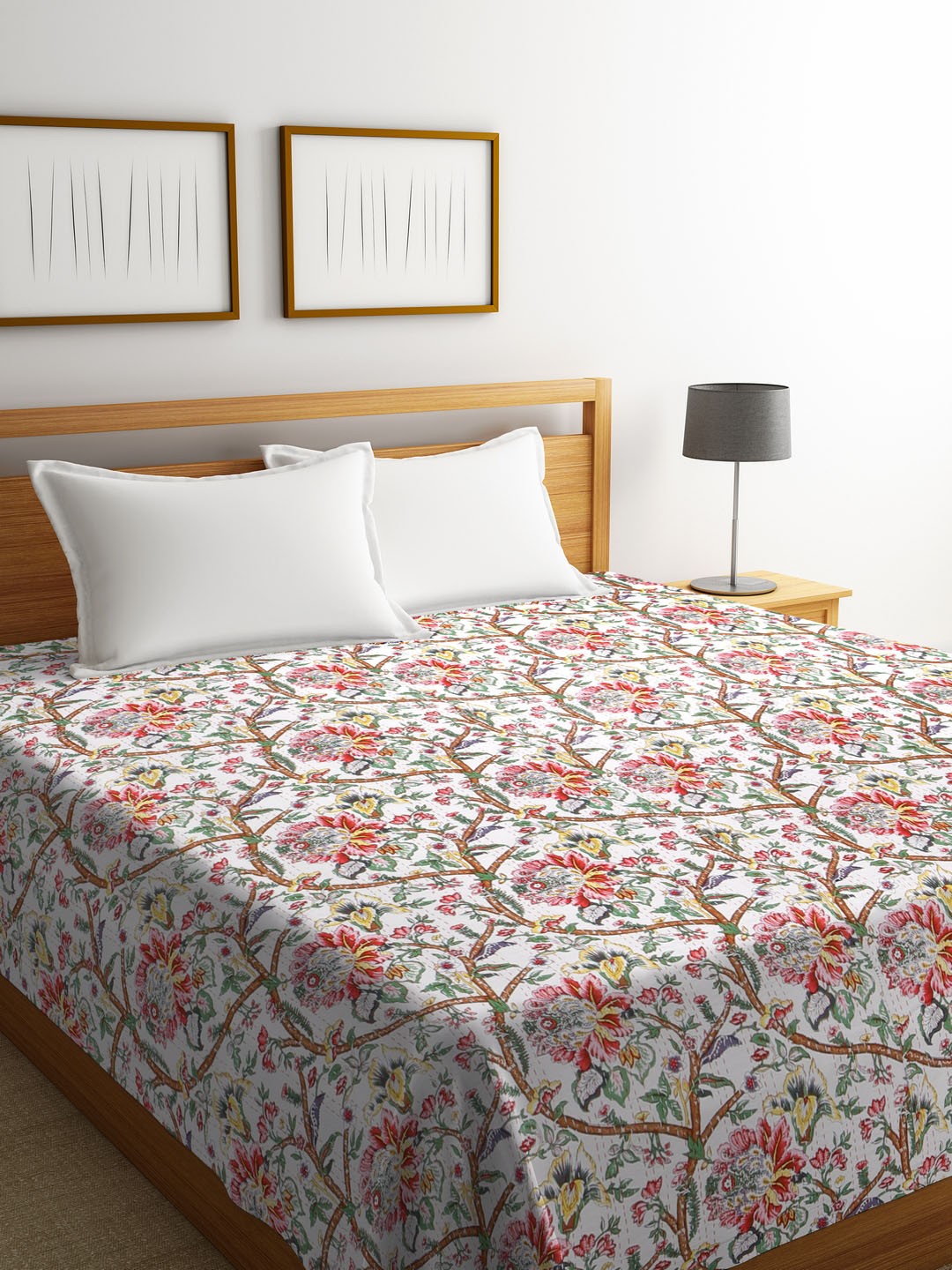 

Rajasthan Decor Multicoloured Floral Screen Print Kantha Work Cotton Double Bed Cover, White