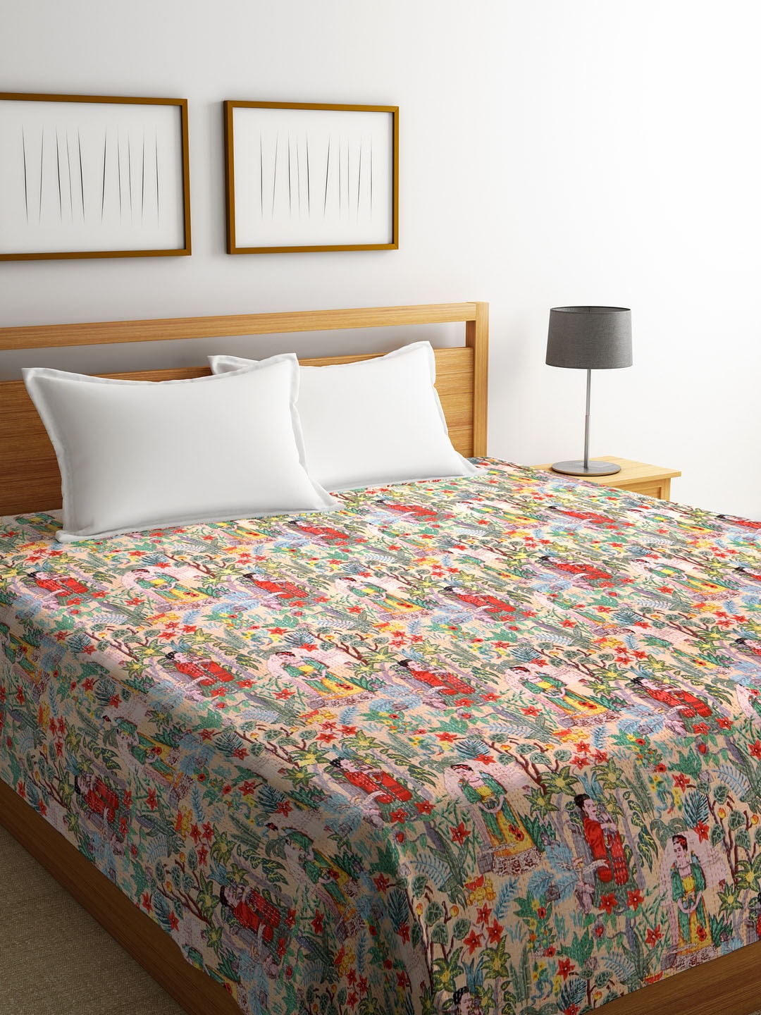 

Rajasthan Decor Multicoloured Floral Screen Print Kantha Work Cotton Double Bed Cover, Multi