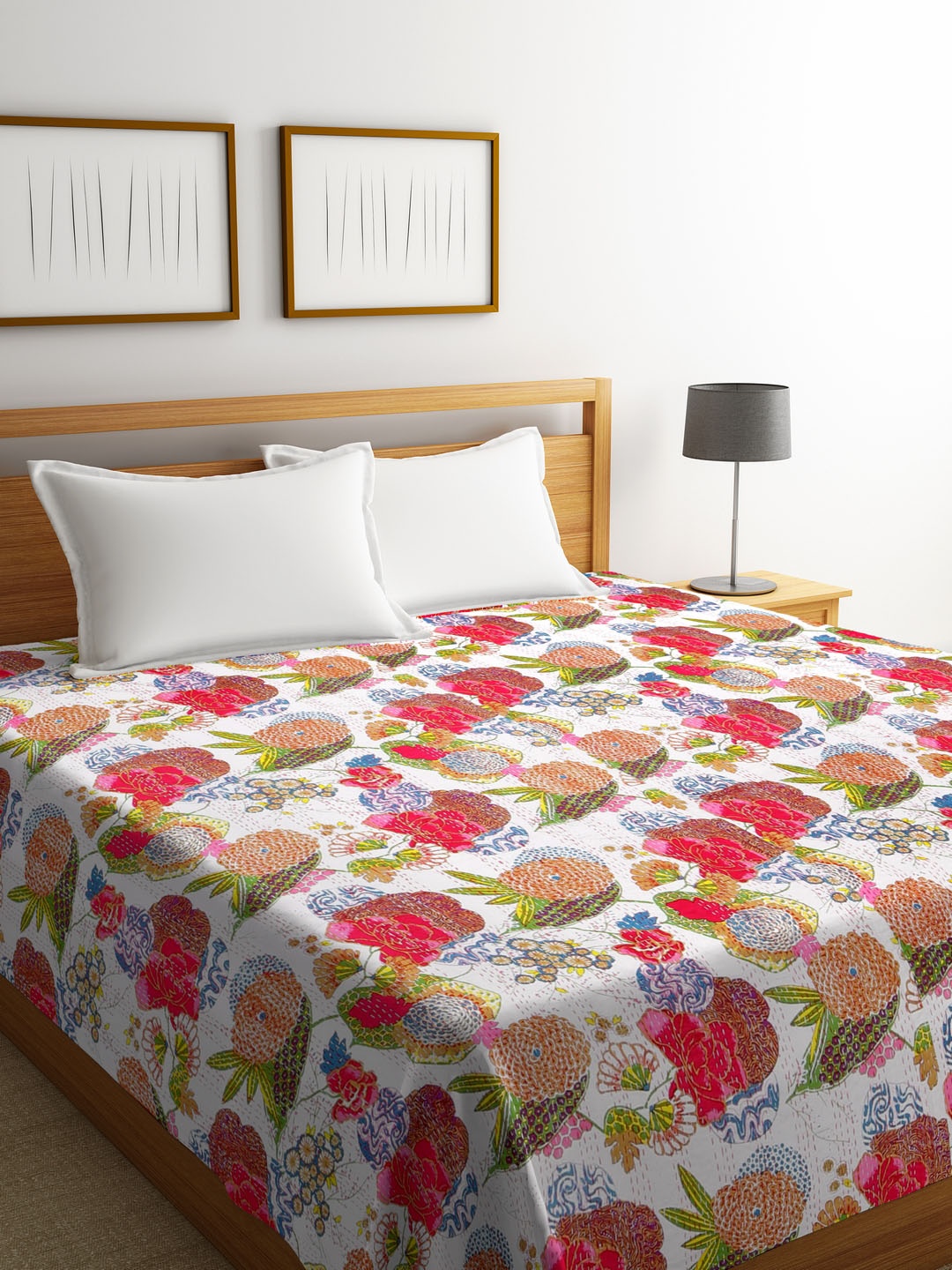 

Rajasthan Decor White & Red Floral Screen Print Kantha Work Cotton Double Bed Cover