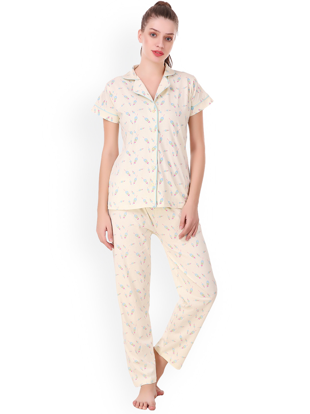 

Masha Women Cream-Coloured & Blue Printed Night suit