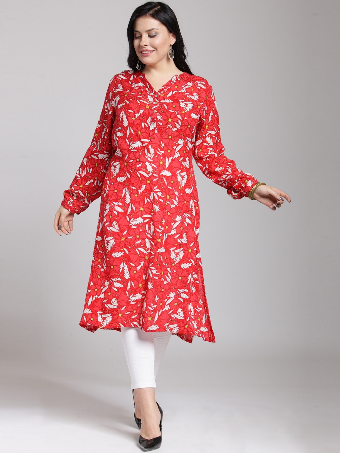 

plusS Women Red & White Printed A-Line Kurta