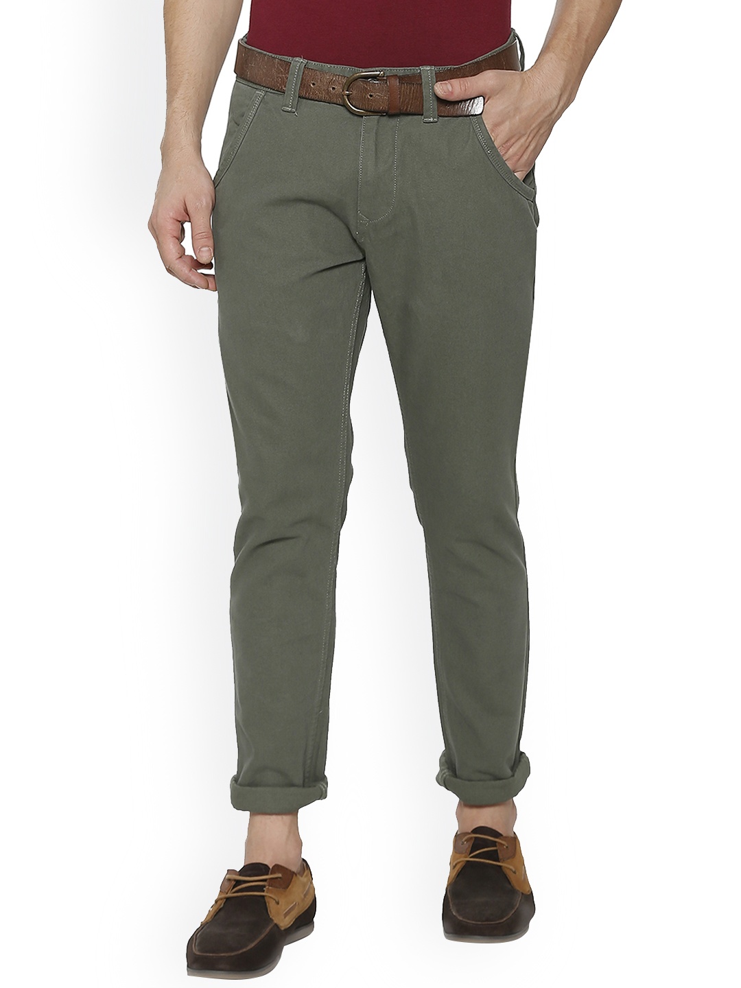

People Men Olive Green Slim Fit Solid Chinos