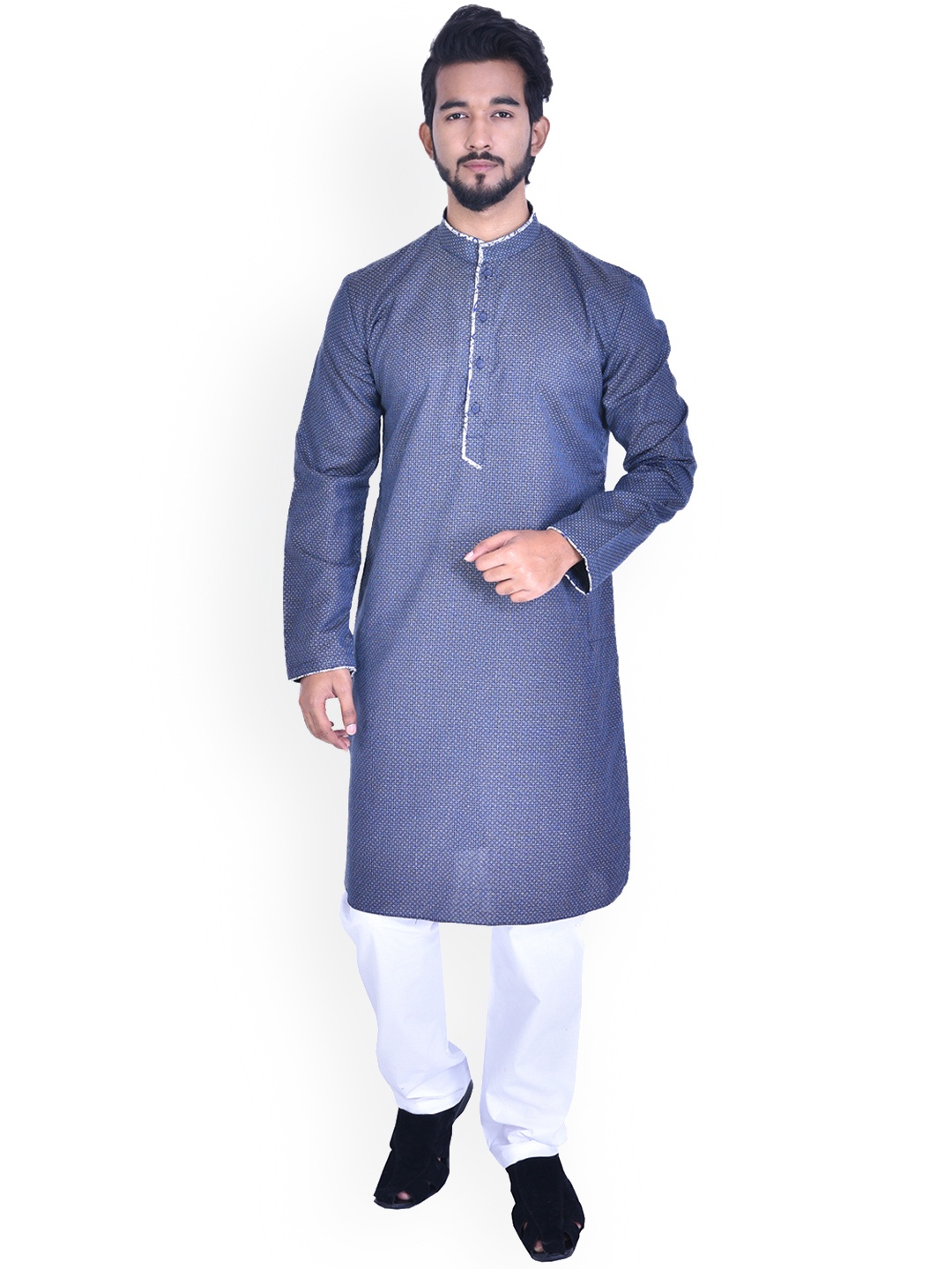 

Manyavar Men Blue & White Woven Design Straight Kurta