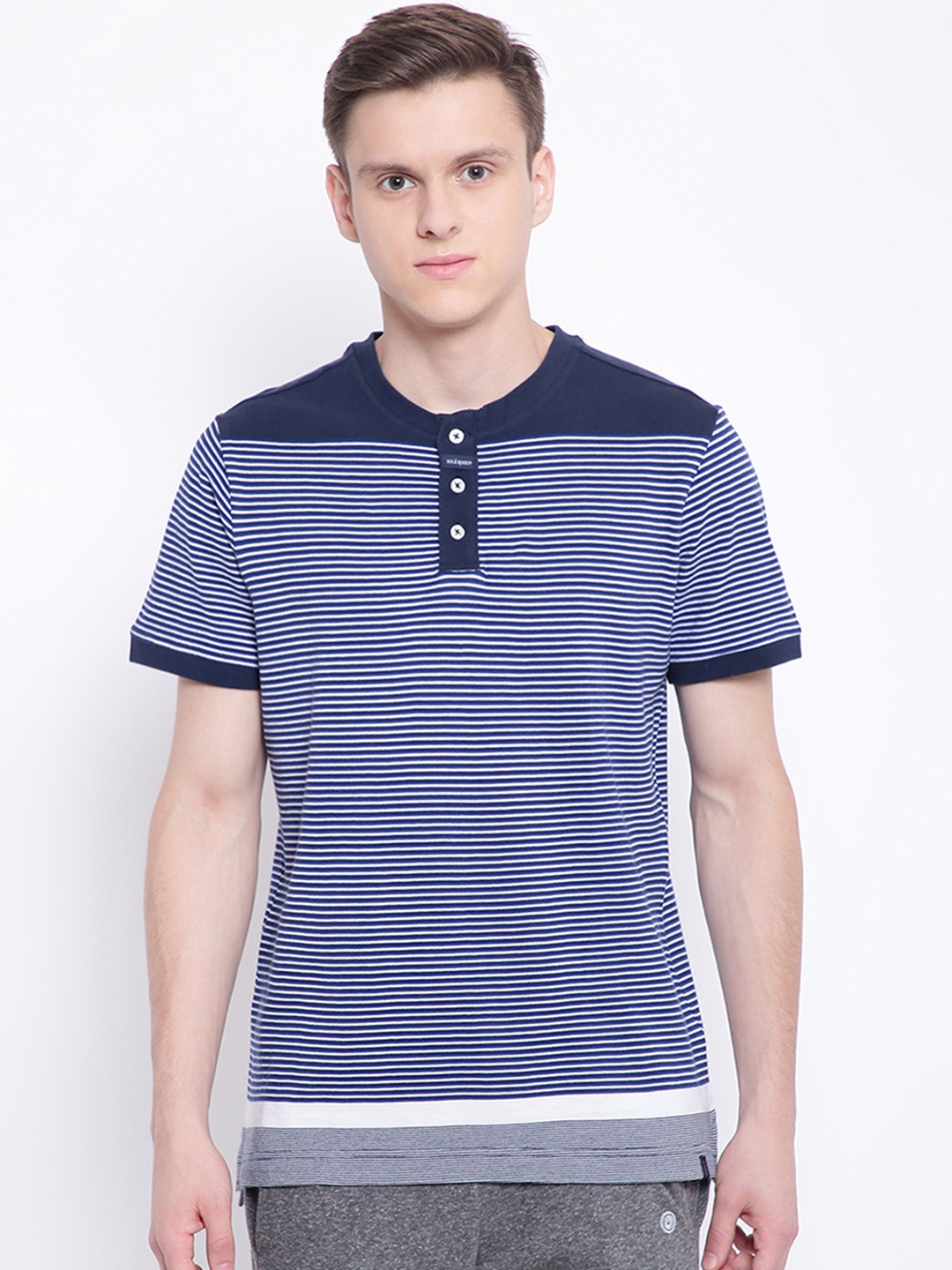 

Soul Space Men Navy Blue Striped Henley Neck T-shirt