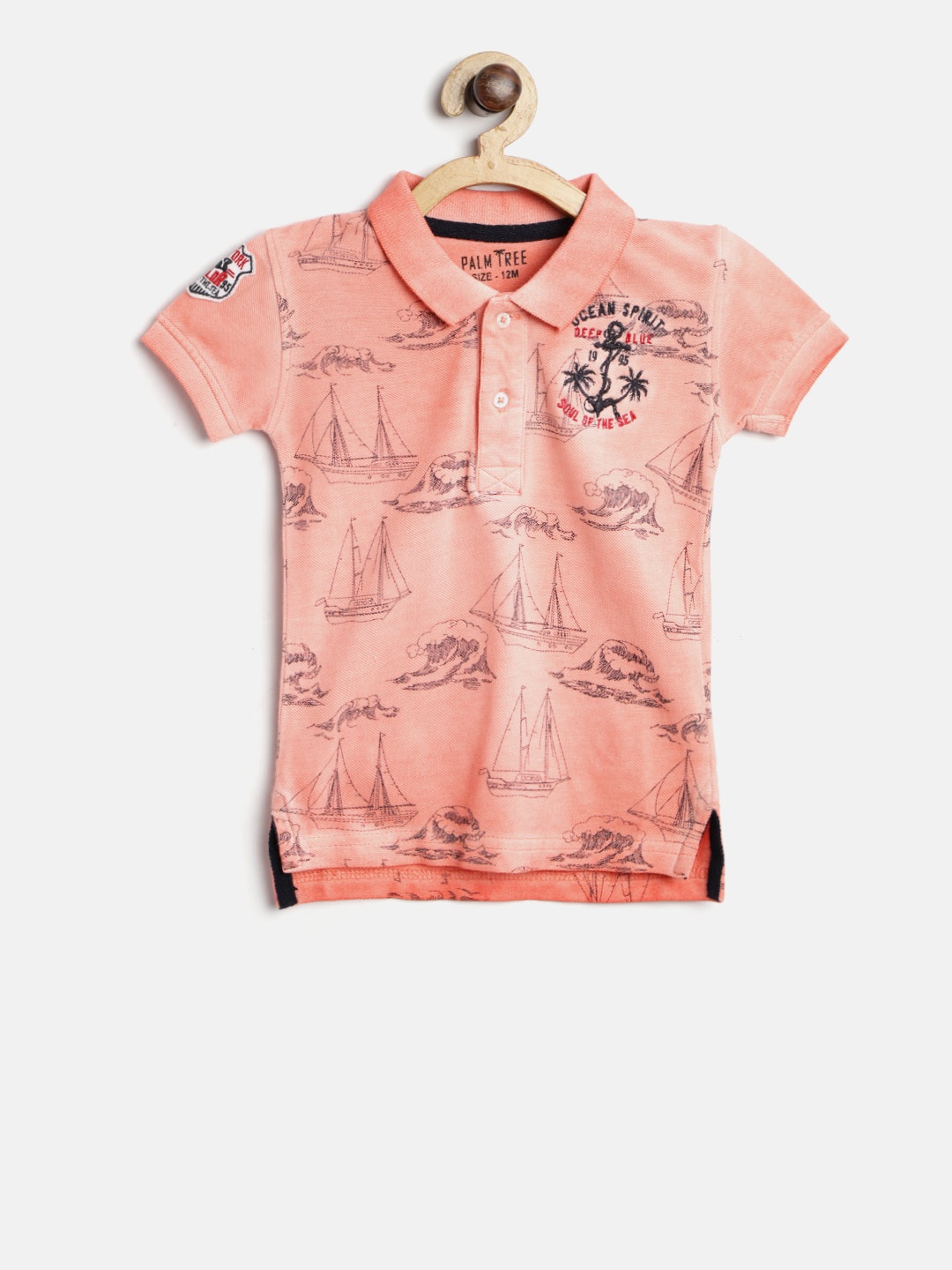 

Palm Tree Boys Peach-Coloured & Black Printed Polo Collar T-shirt