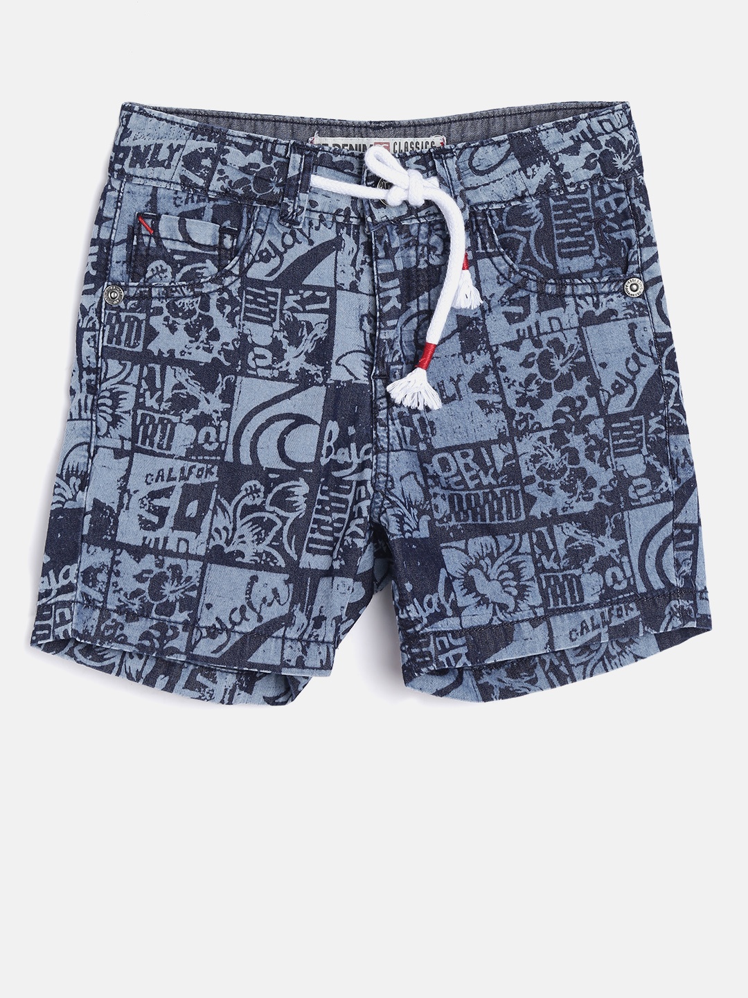 

Palm Tree Boys Navy Blue Printed Regular Fit Denim Shorts