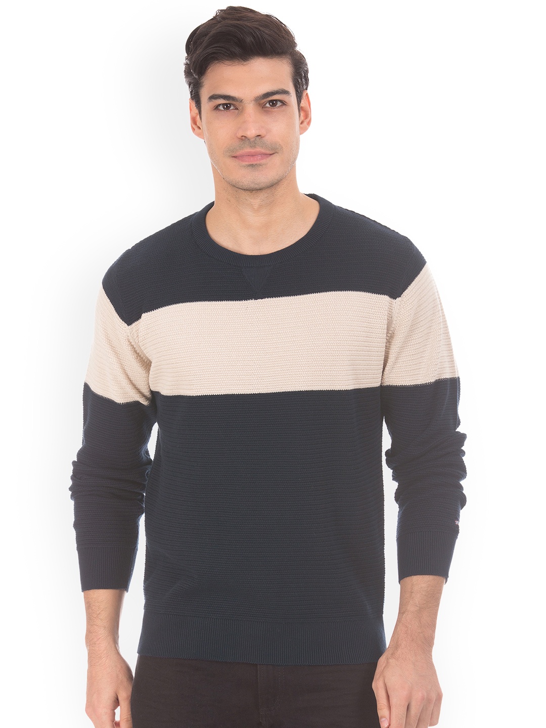 

Arrow Sport Men Navy Blue Colourblocked Sweater