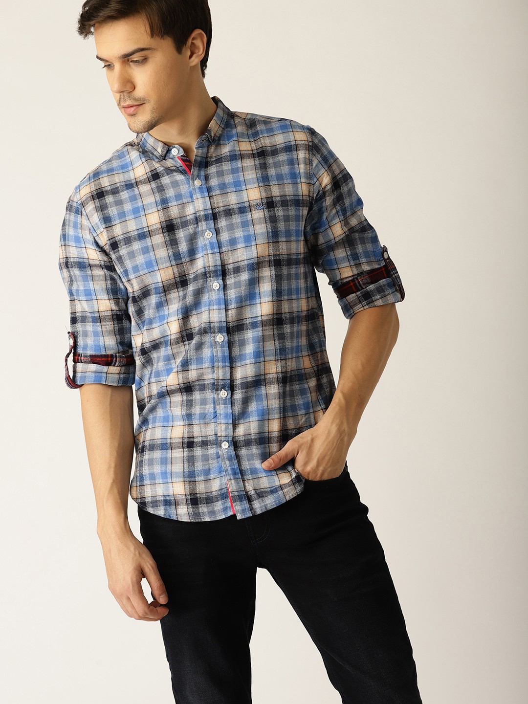 

United Colors of Benetton Men Blue & Beige Slim Fit Checked Casual Shirt