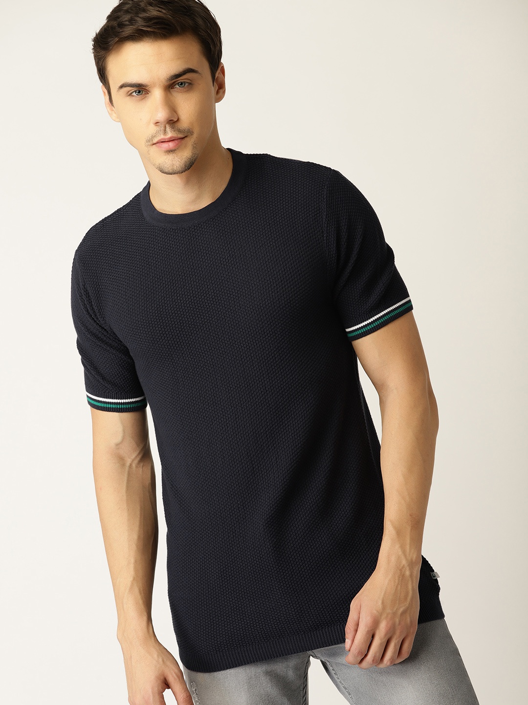 

United Colors of Benetton Men Navy Blue Self Design Round Neck T-shirt