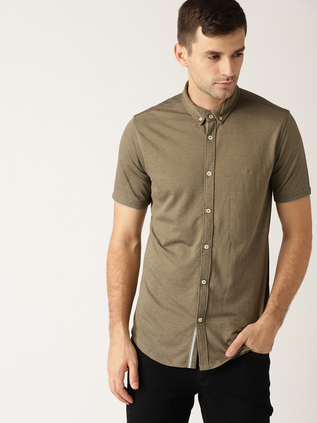 

United Colors of Benetton Men Olive Brown Slim Fit Casual Shirt