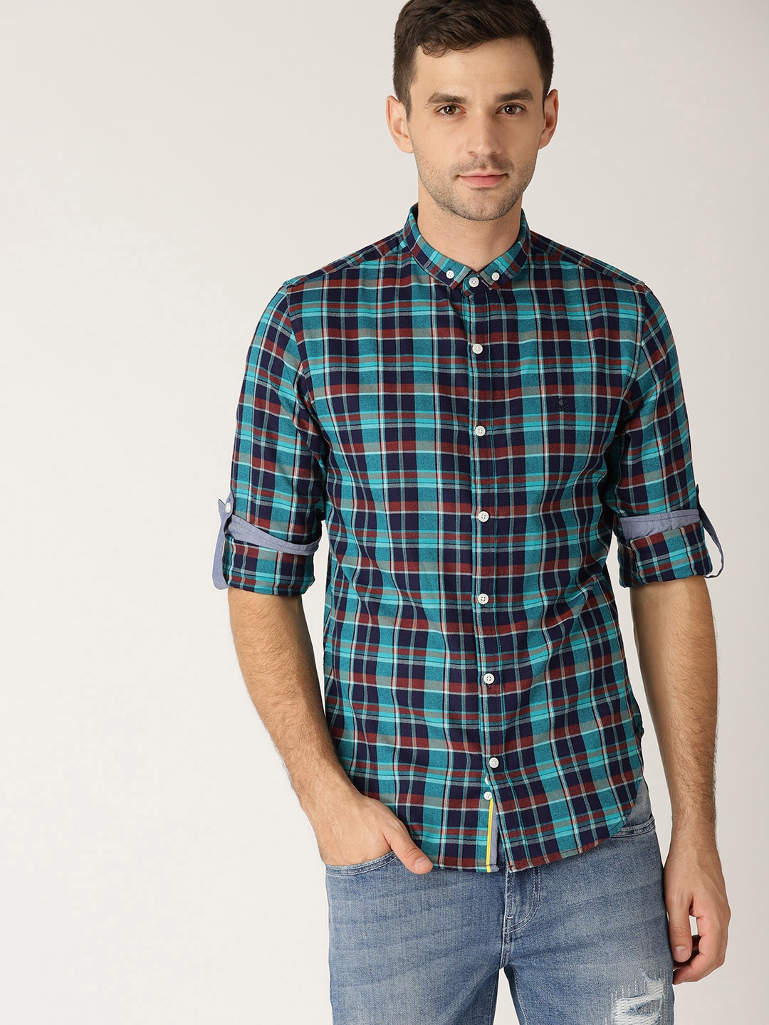 

United Colors of Benetton Men Green & Navy Blue Slim Fit Checked Casual Shirt