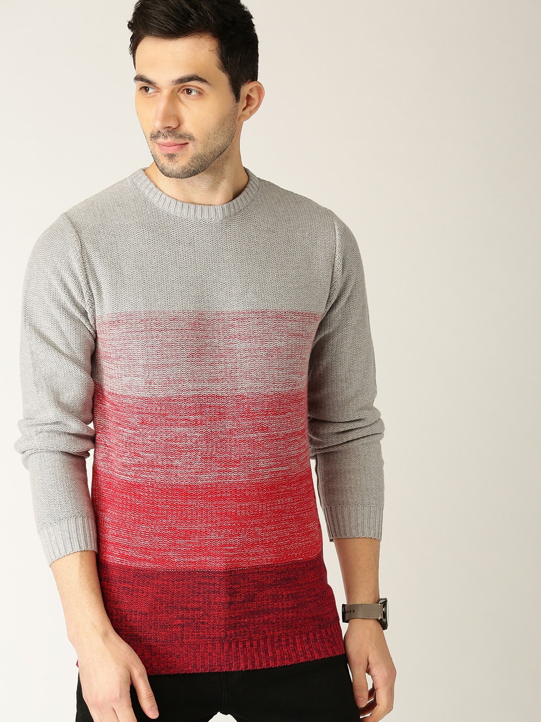 

United Colors of Benetton Men Red & Grey Striped Pullover
