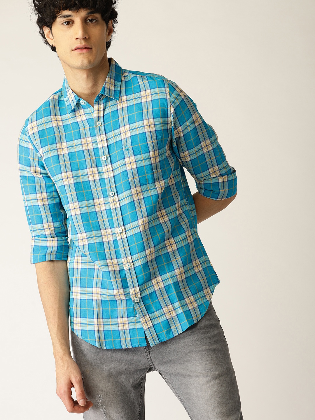 

United Colors of Benetton Men Blue & Mustard Brown Slim Fit Checked Casual Shirt