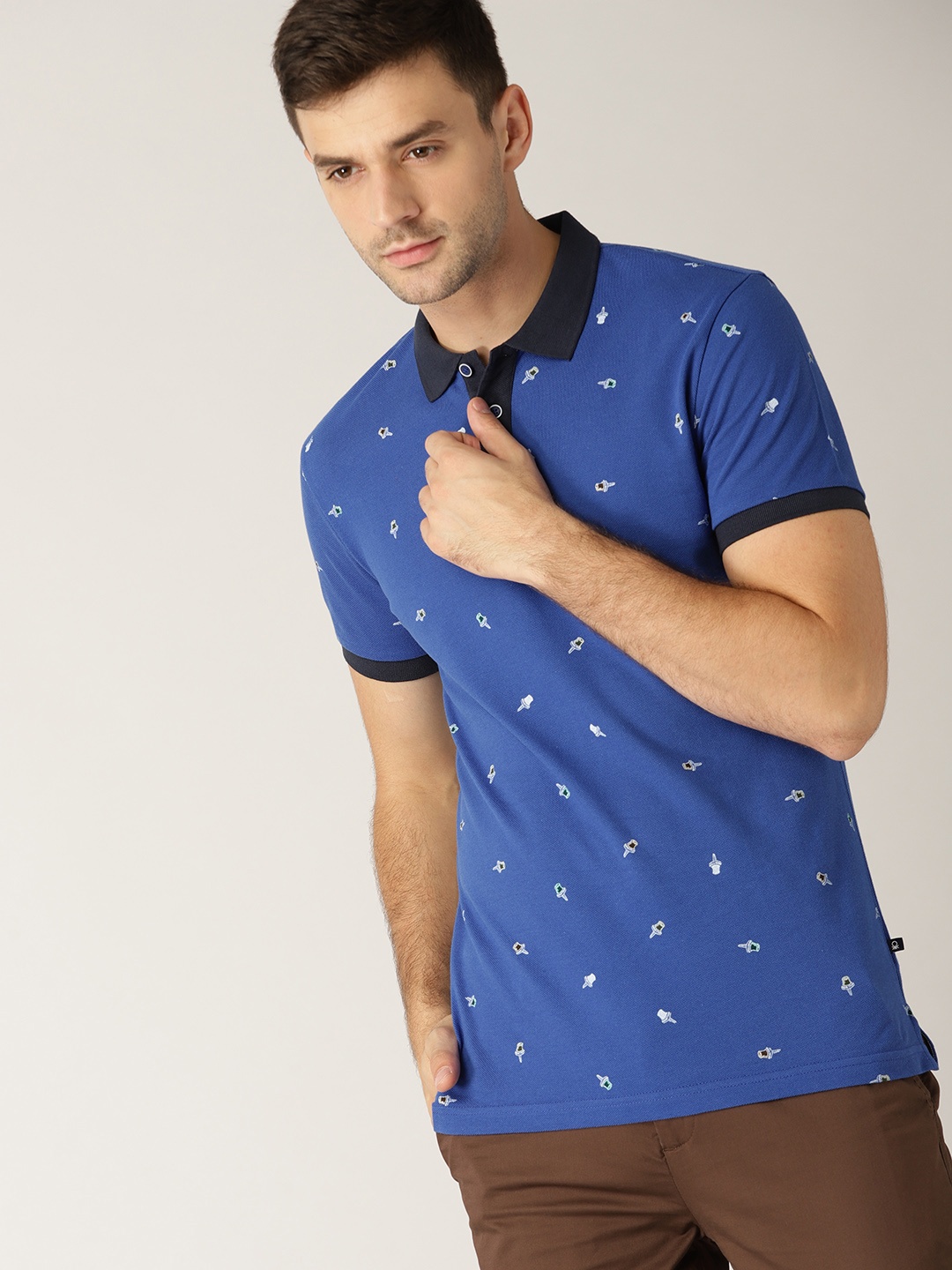 

United Colors of Benetton Men Blue Printed Polo Collar Pure Cotton T-shirt