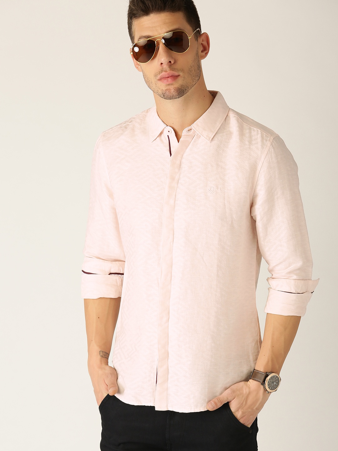 

United Colors of Benetton Men Peach-Coloured Slim Fit Textured Casual Shirt