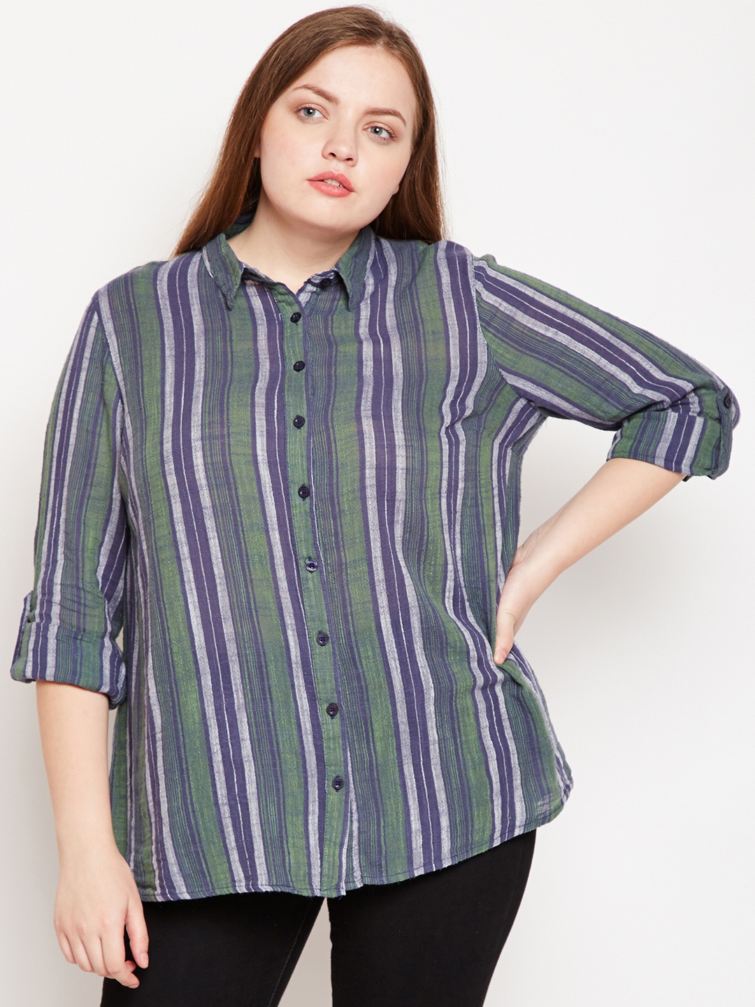 

Oxolloxo Women Blue & Green Regular Fit Striped Casual Shirt