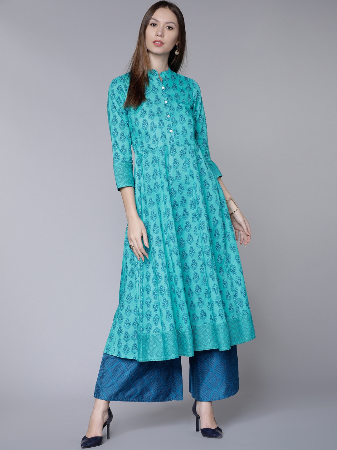 

Vishudh Women Turquoise Blue Printed Anarkali Kurta