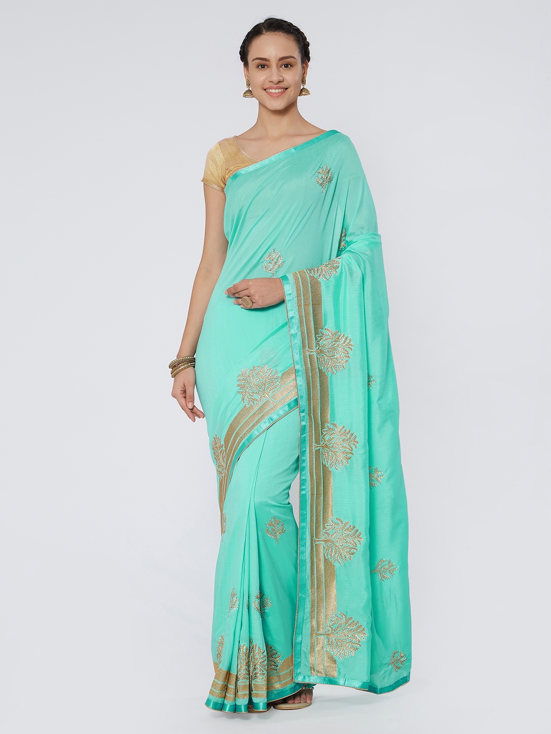 Kvsfab Sea Green Solid Saree