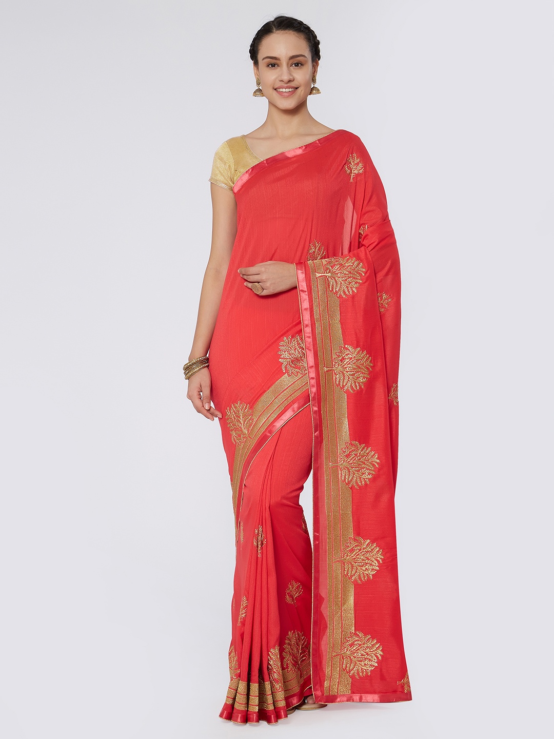 Kvsfab Peach-Coloured Embroidered Poly Georgette Saree