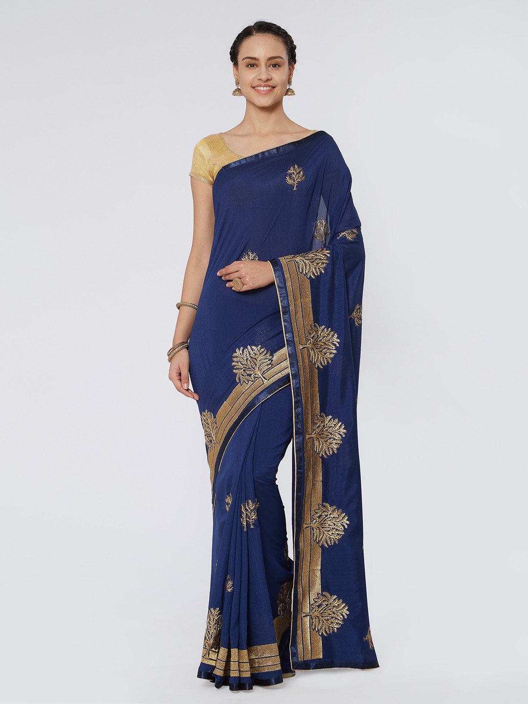 

Kvsfab Navy Blue Solid Saree