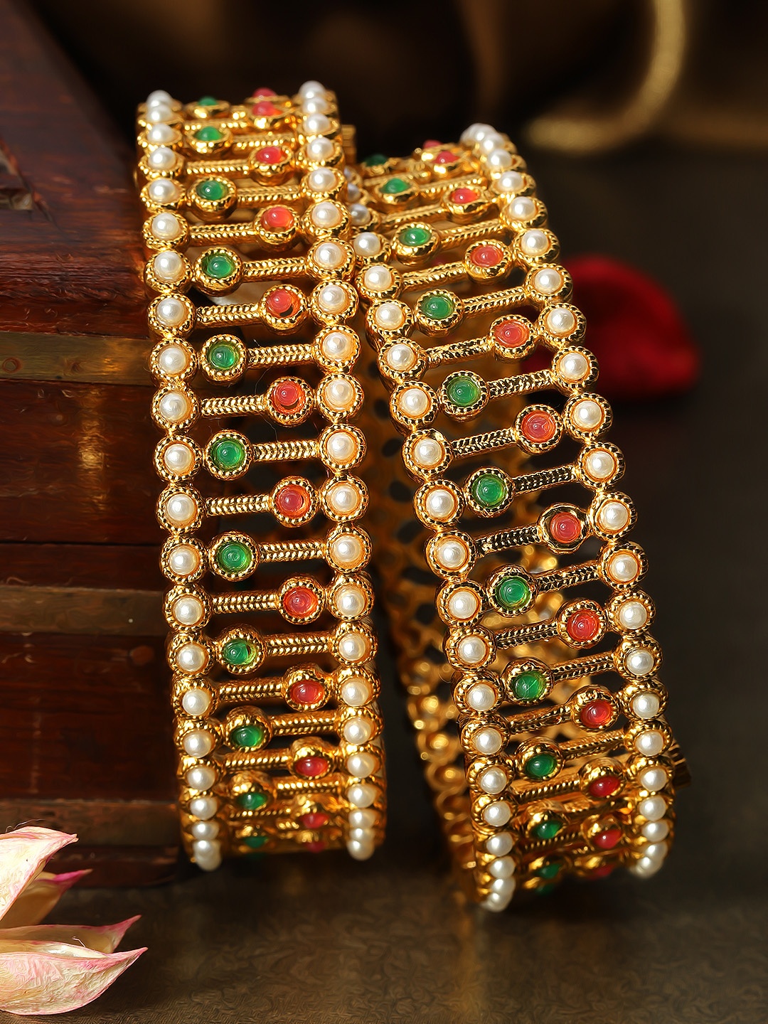 

Rubans Women Set of 2 Gold-Toned Emerald & Pearl Studded Bangles