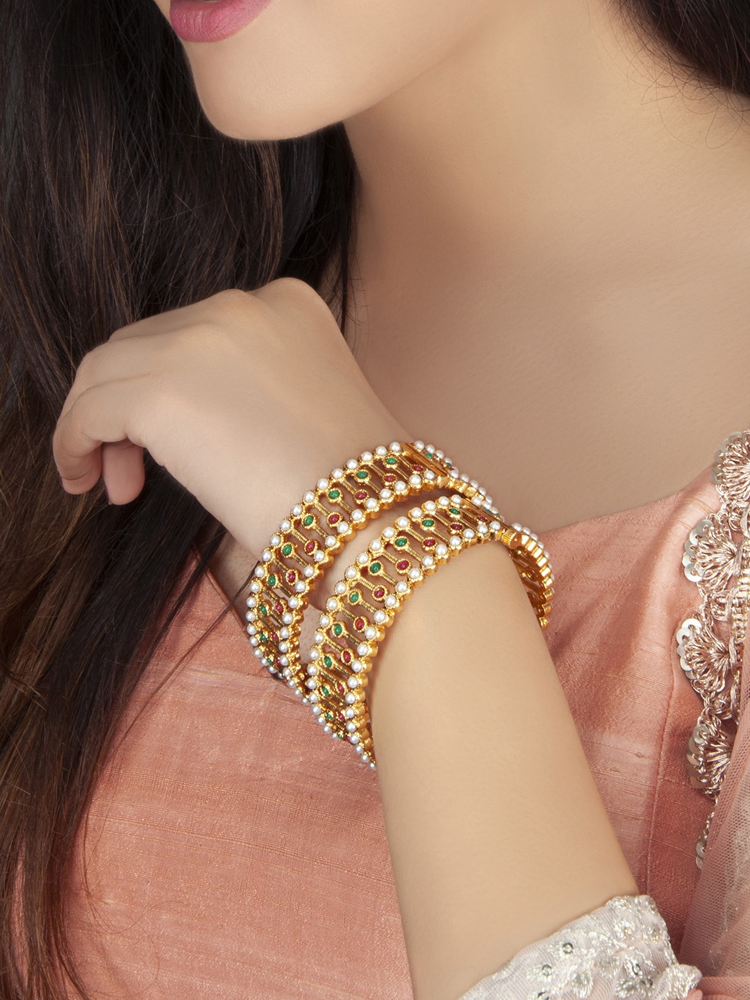 

Rubans Women Set of 2 Gold-Toned Emerald & Pearl Studded Bangles