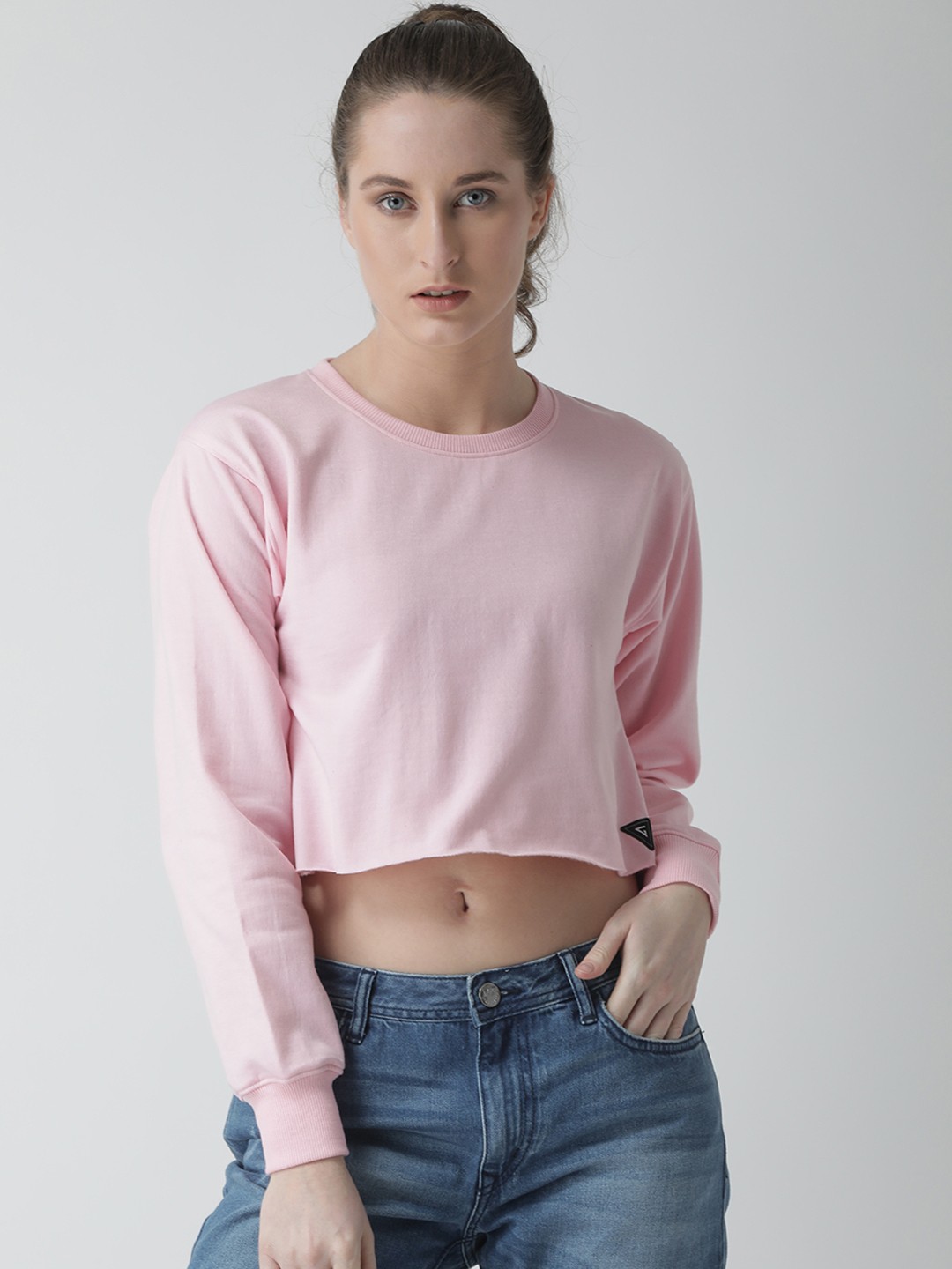 

GRIFFEL Women Pink Solid Crop Sweatshirt