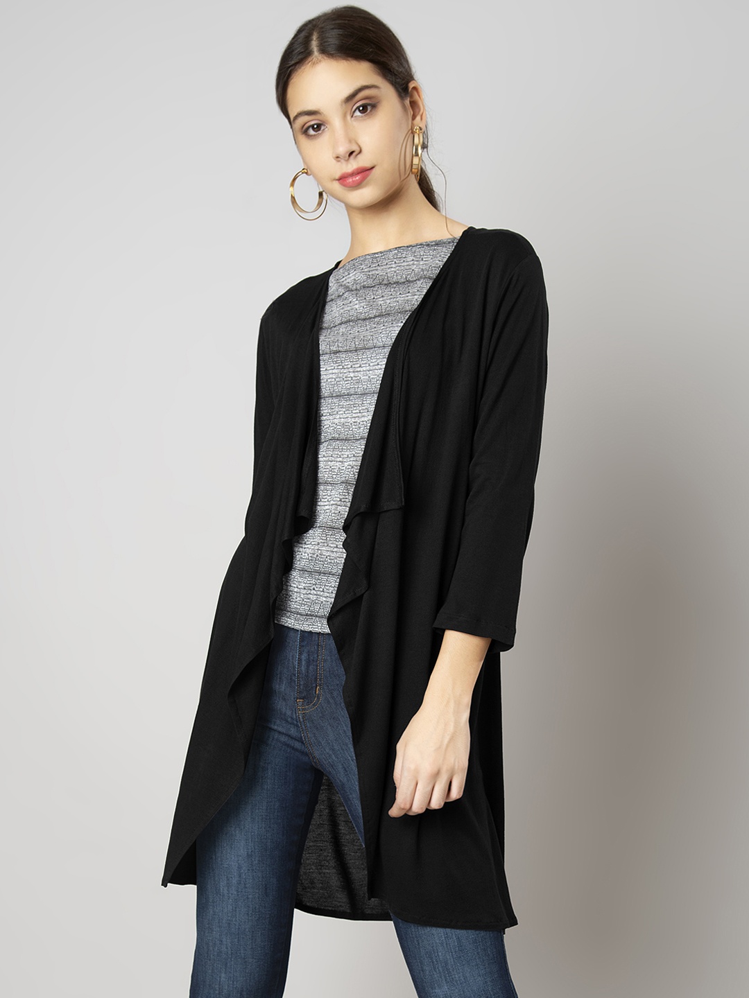 

FabAlley Black Solid Waterfall Shrug
