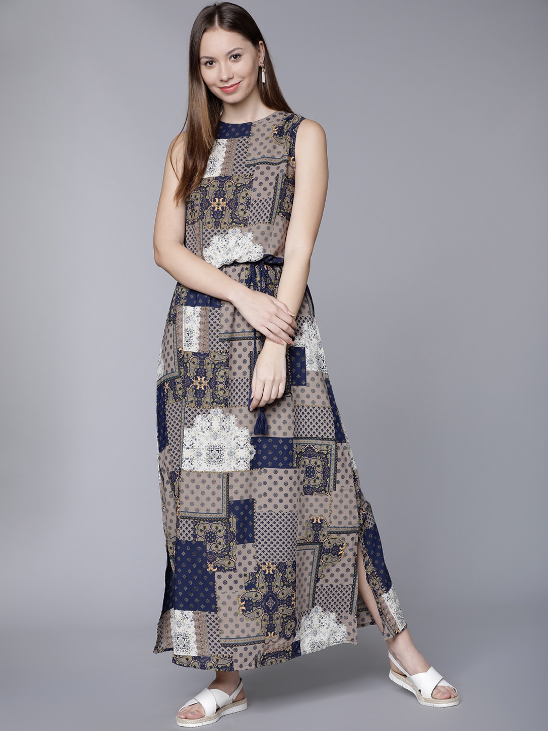 

Tokyo Talkies Women Taupe Printed Maxi Dress