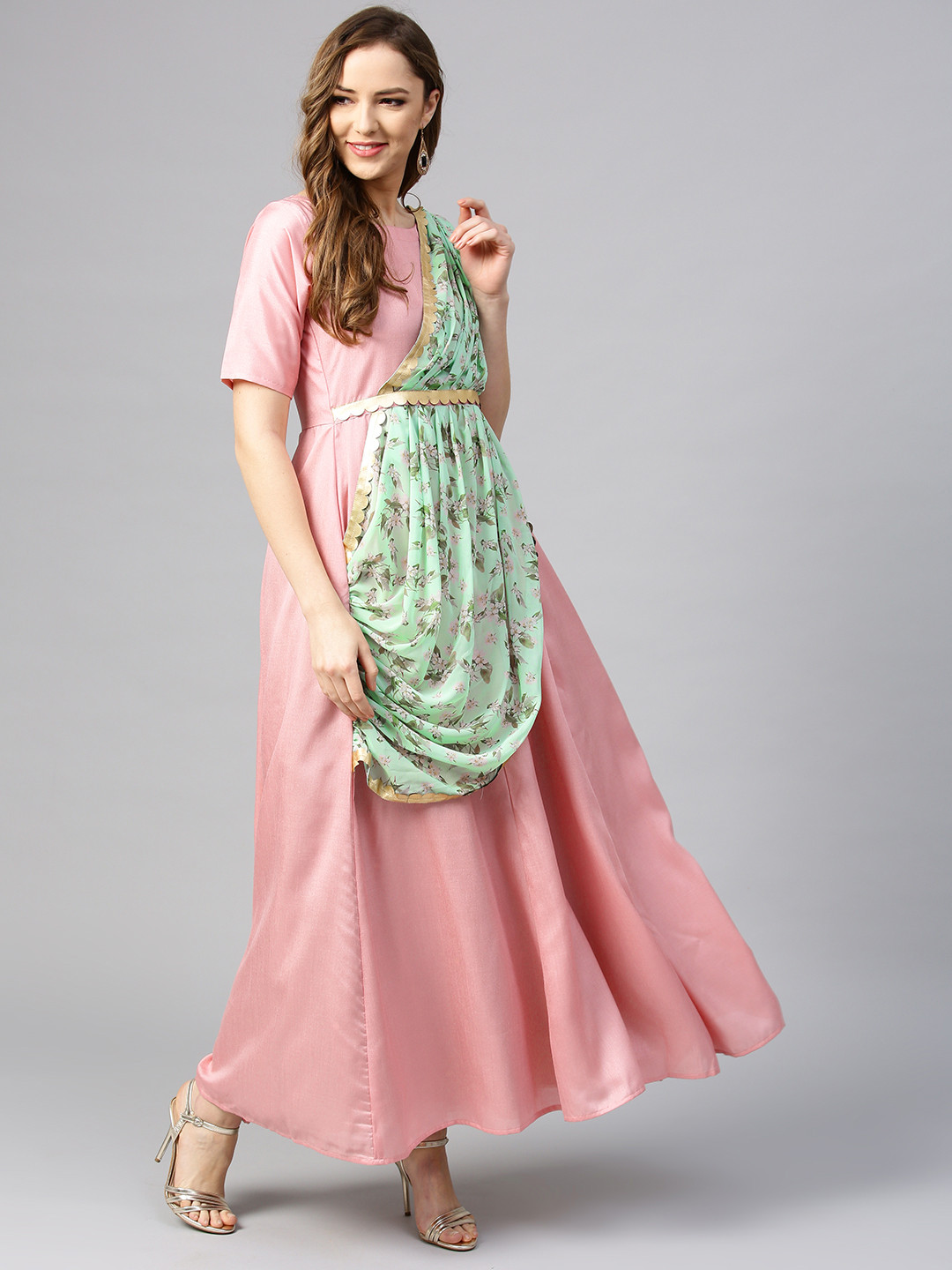 

Ahalyaa Women Pink & Green Solid Maxi Dress with Attached Dupatta