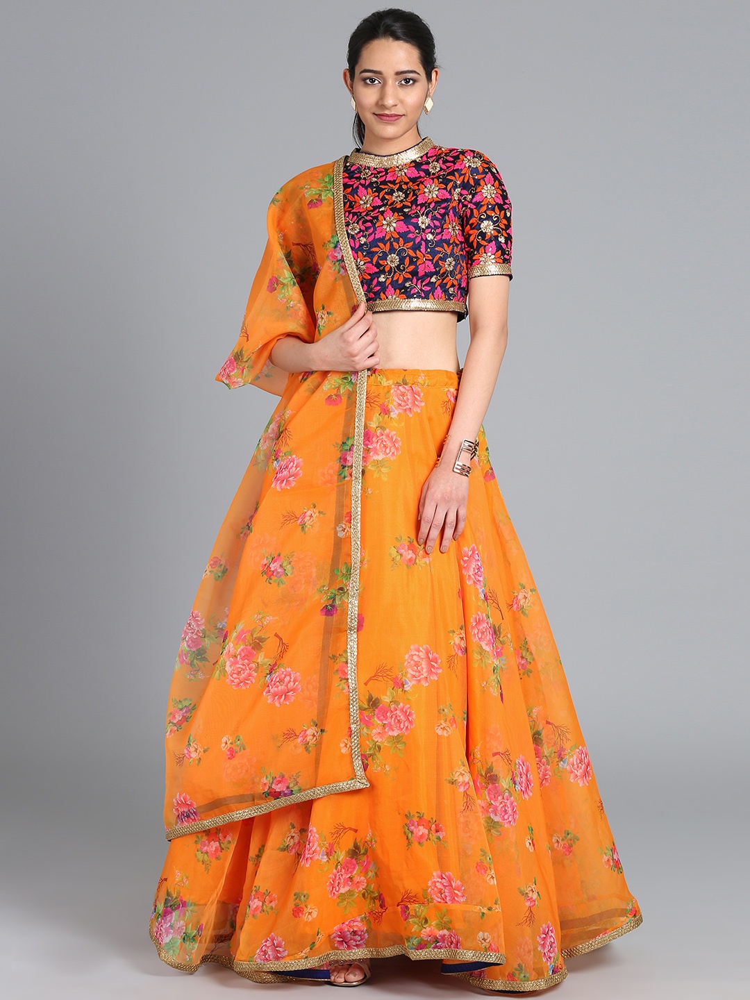 

Ethnovog Navy Blue Mustard Yellow Printed Made to Measure Lehenga Choli Set