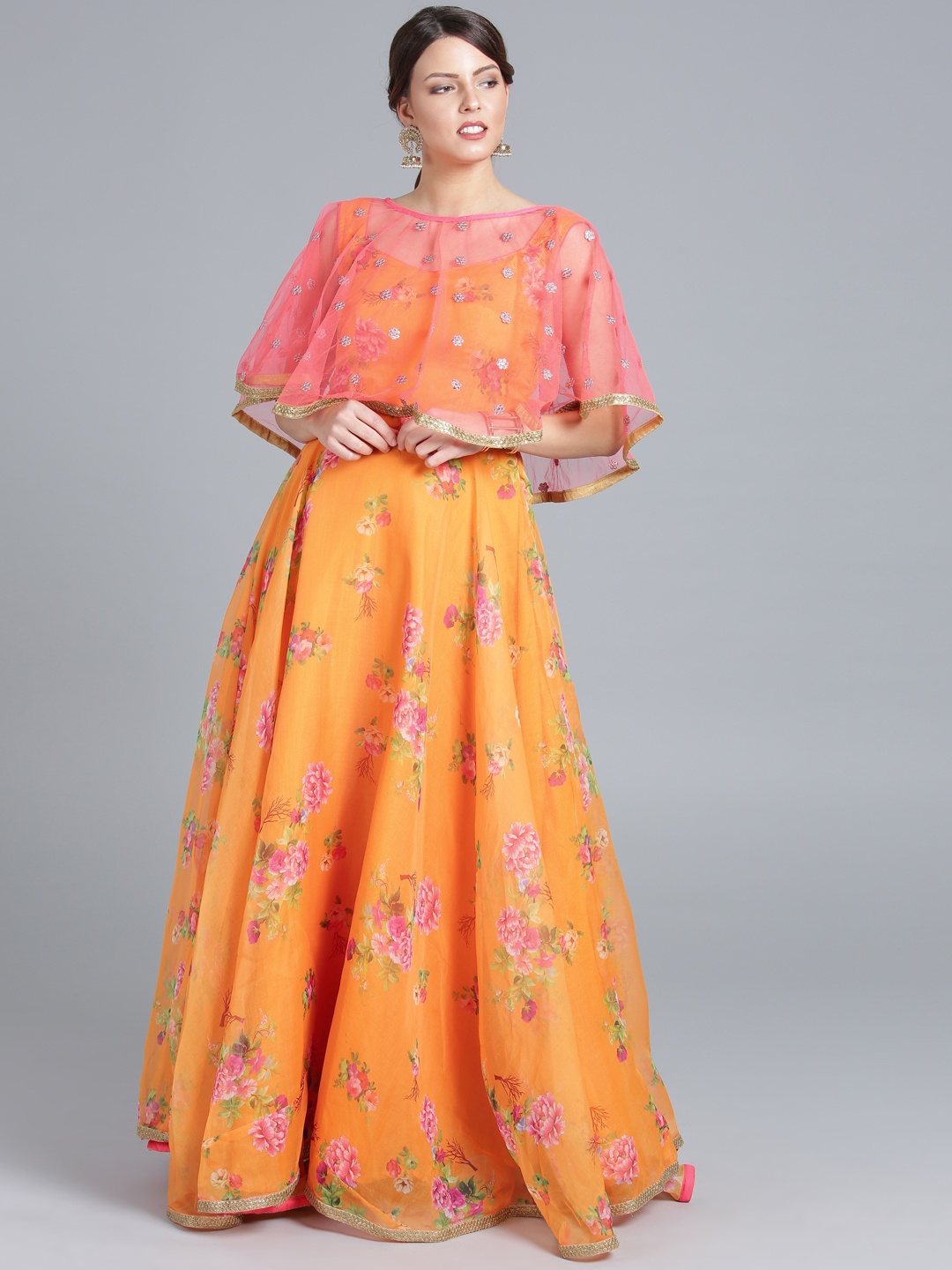 

Ethnovog Orange Coral Pink Printed Organza Sequinned Made to Measure Kurta Set