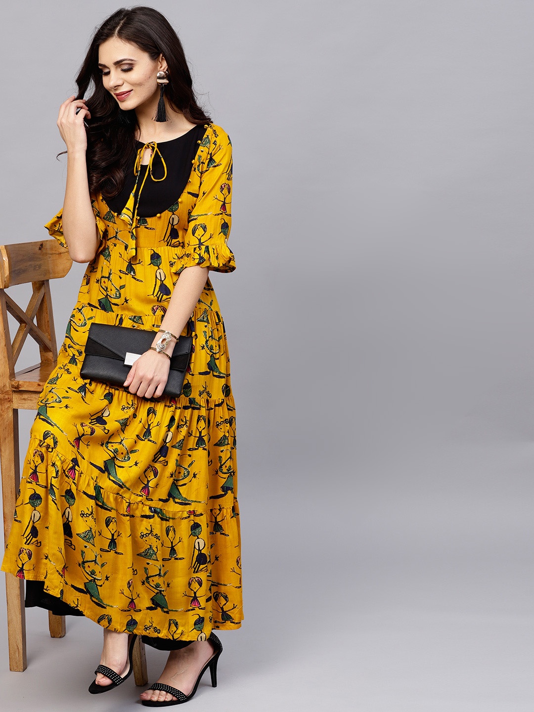 

Ives Women Mustard Yellow & Black Quirky Print Tiered Anarkali Kurta