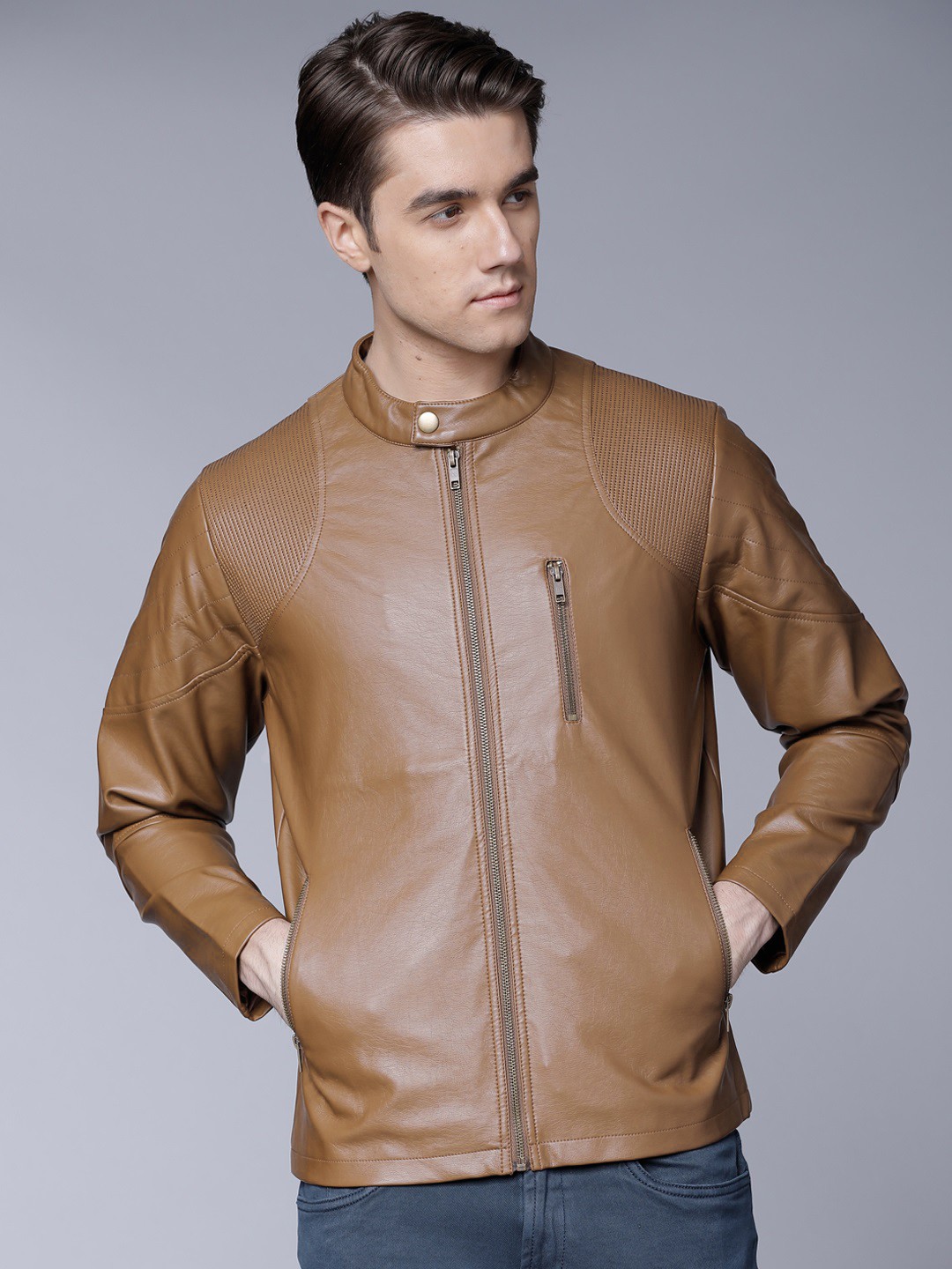 

LOCOMOTIVE Men Brown Solid Biker Jacket