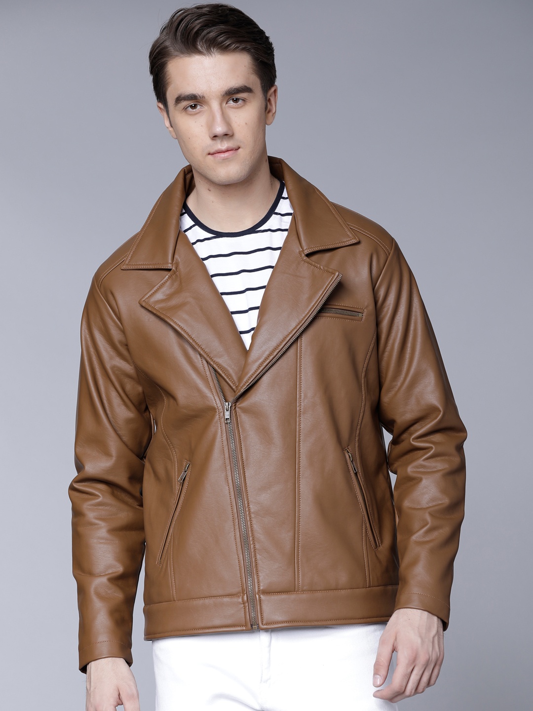 

LOCOMOTIVE Men Brown Solid Biker Jacket