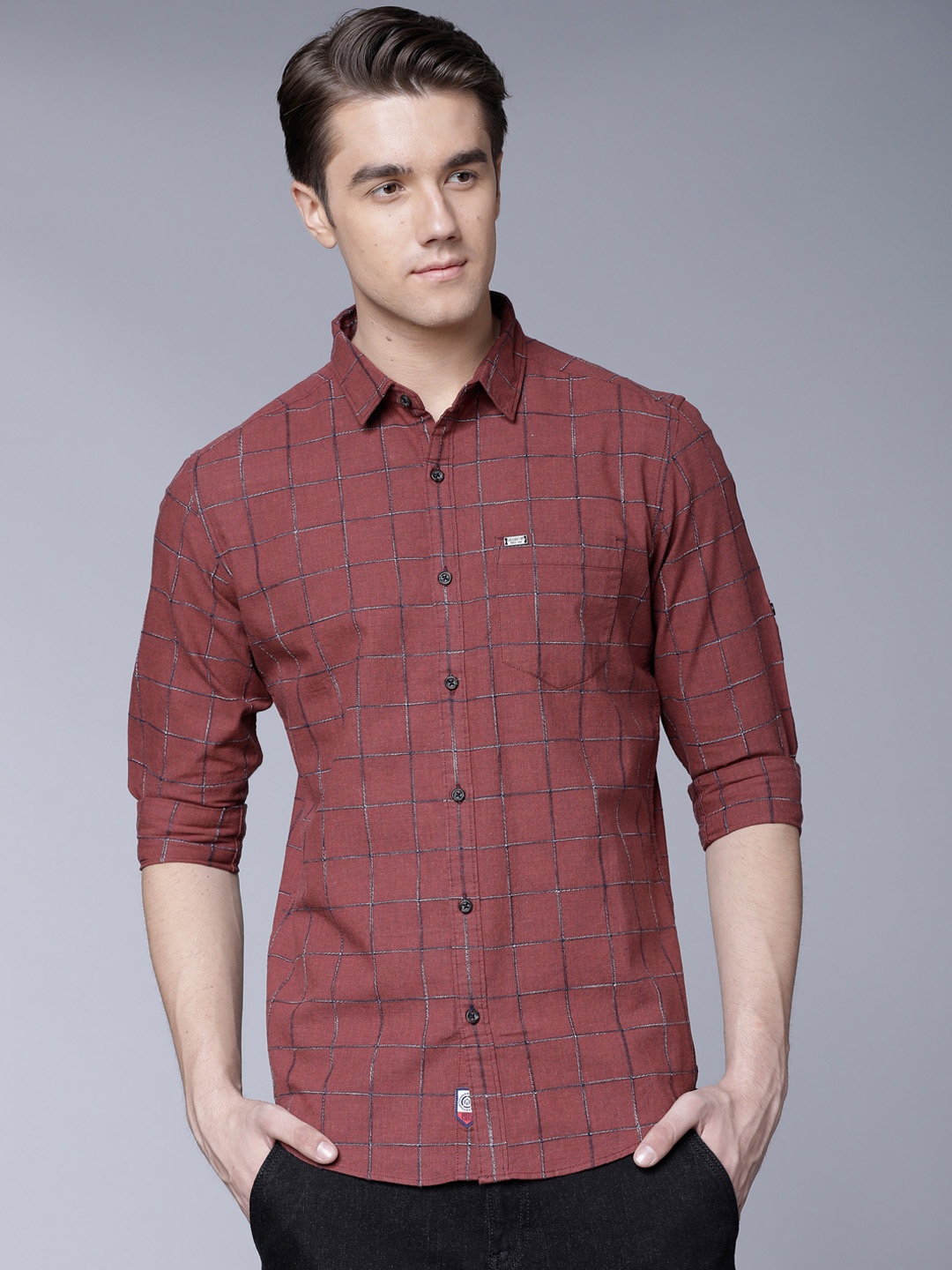 

LOCOMOTIVE Men Rust Brown Slim Fit Checked Casual Shirt