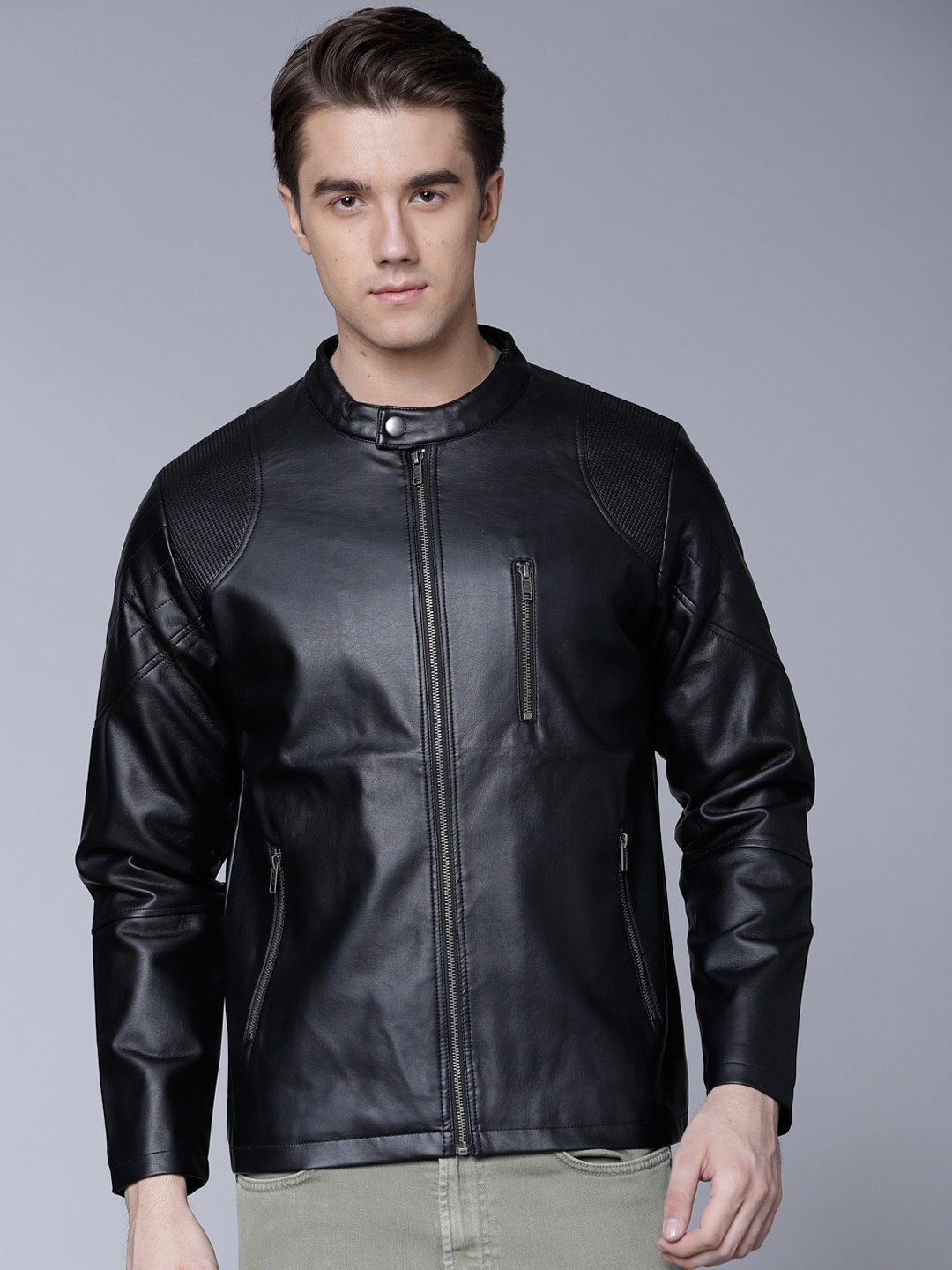 

LOCOMOTIVE Men Black Solid Biker Jacket