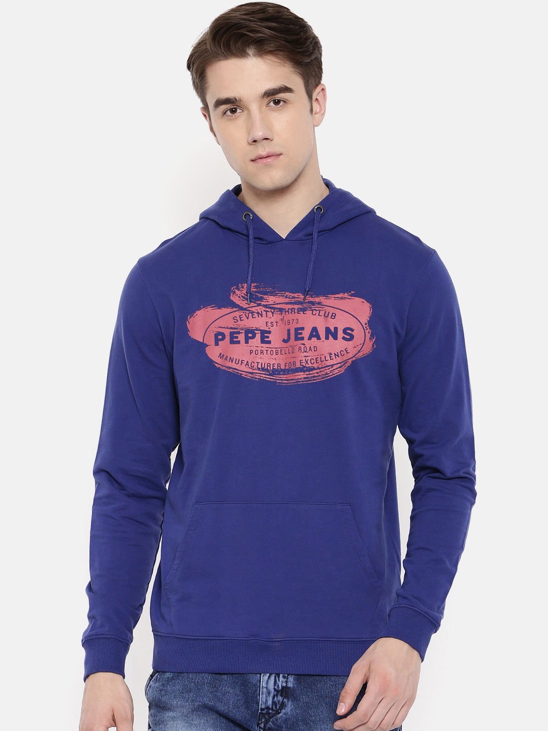 

Pepe Jeans Men Navy Blue Printed Hooded Sweatshirt