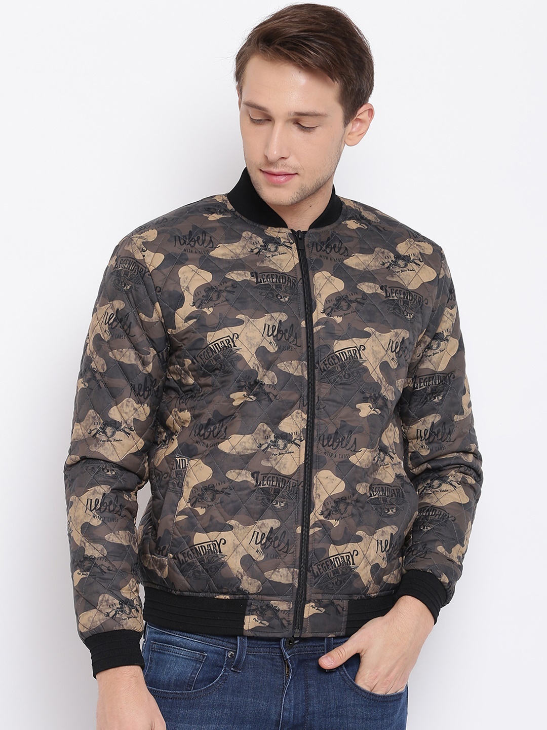 

Pepe Jeans Men Olive Green Printed Bomber Jacket