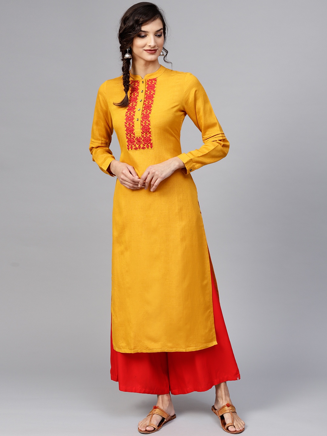

Libas Women Mustard Yoke Design Straight Kurta