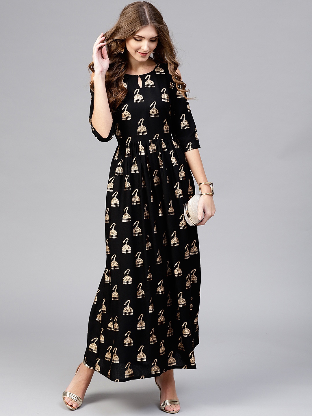 

Libas Black & Golden Block Print Maxi Dress