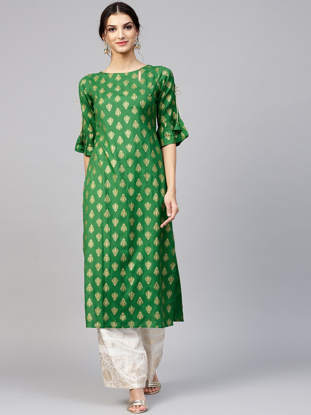 

Libas Women Green & Golden Block Print Straight Kurta