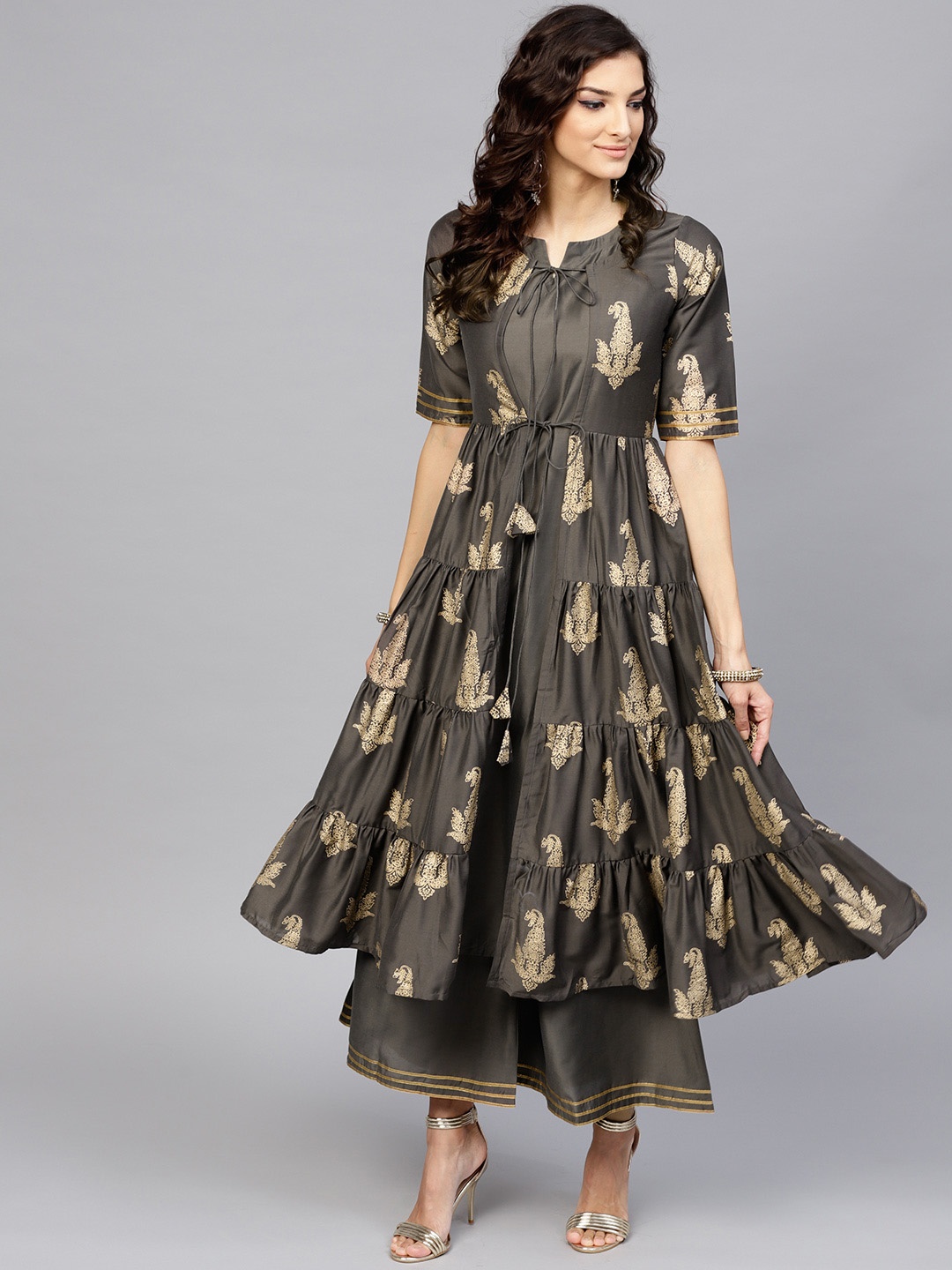 

Libas Women Charcoal Grey & Golden Block Print Kurta with Palazzos