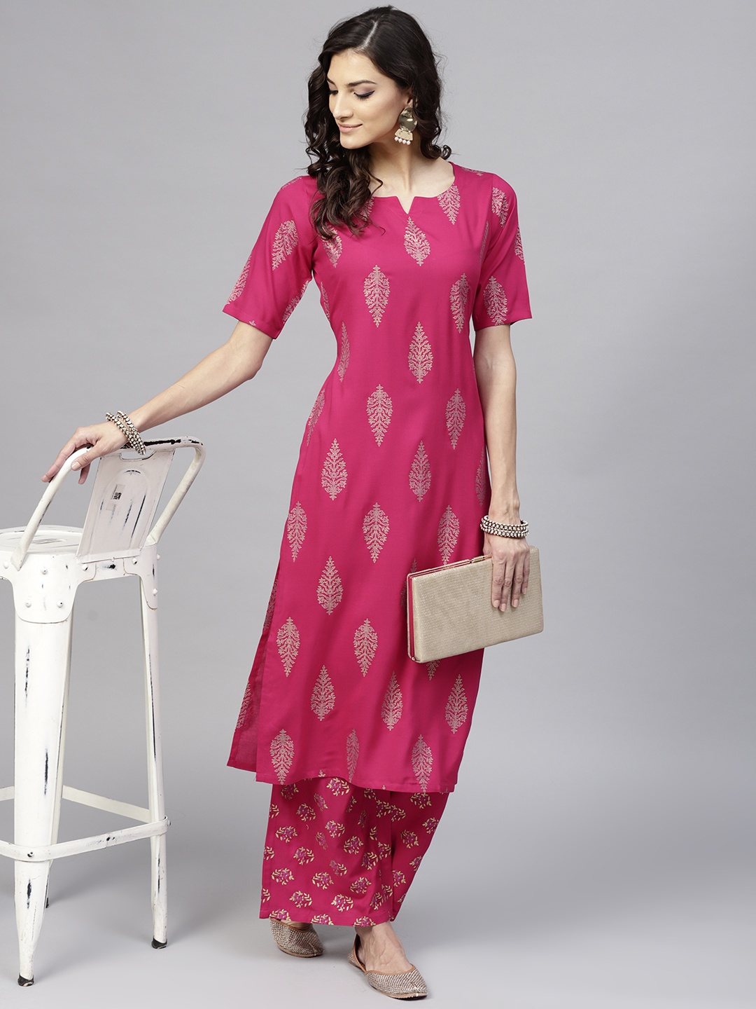 

Libas Women Pink & Golden Printed Kurta with Palazzos