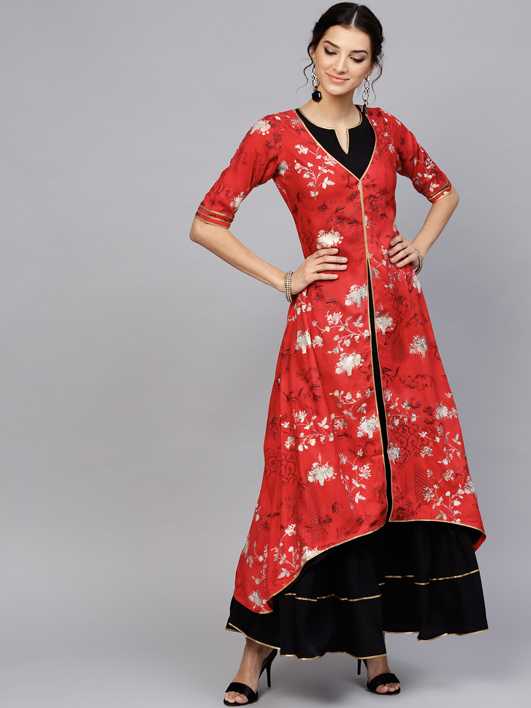 

Libas Women Red & Black Printed Layered Kurta with Skirt