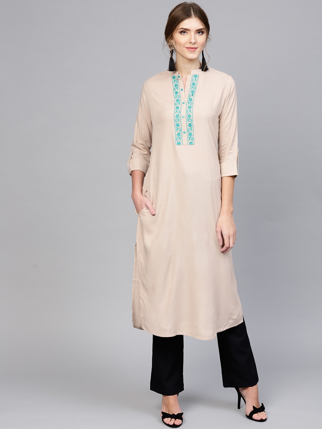 

Libas Women Beige Yoke Design Straight Kurta